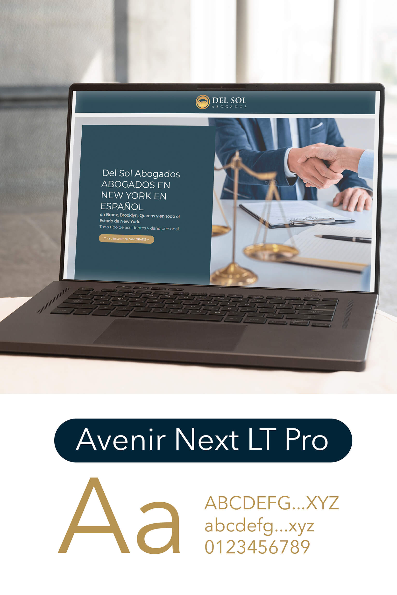 Sitio web de Del Sol Abogados en una laptop y tipografía Avenir Next LT Pro de su identidad
