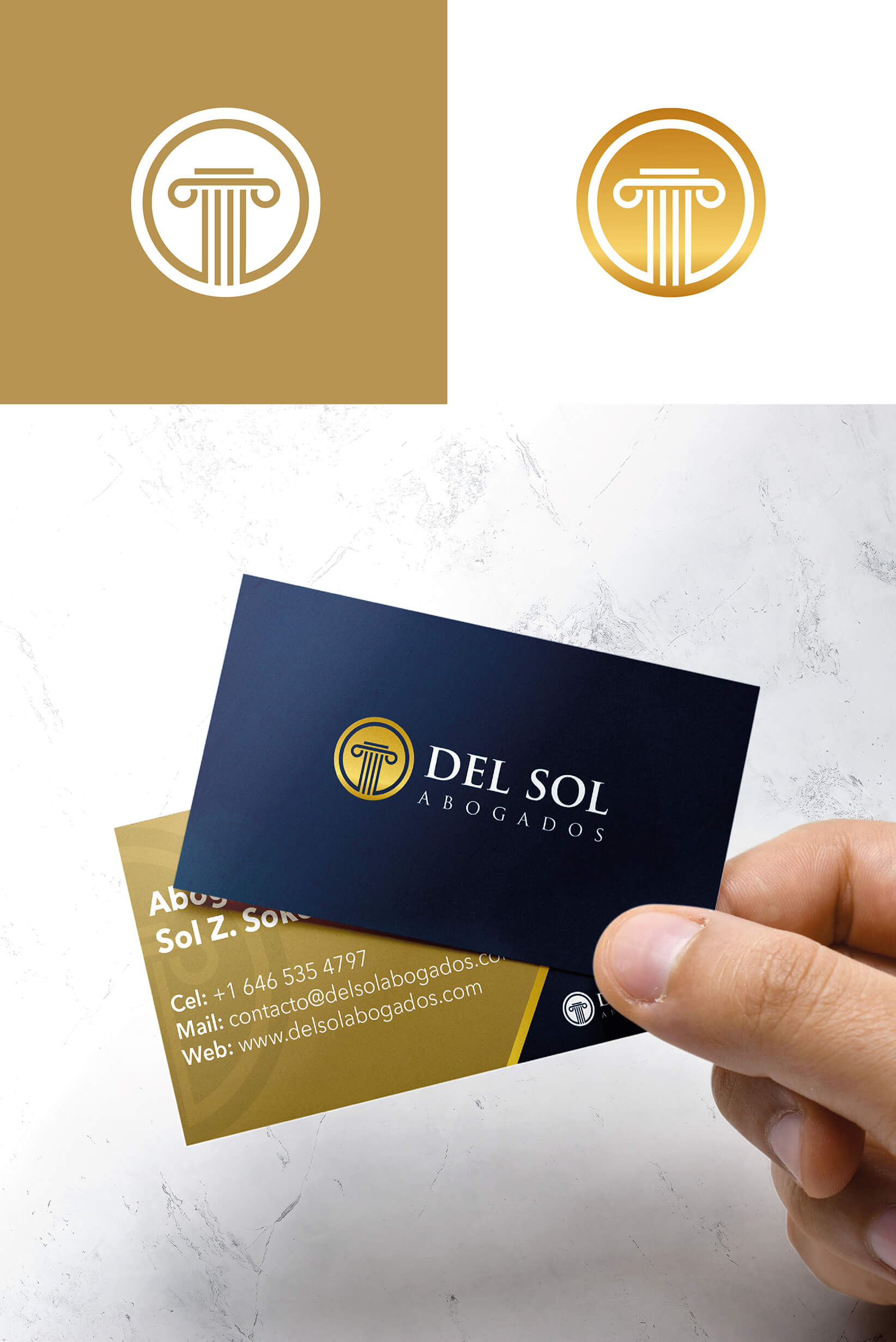 Tarjetas personales de Del Sol Abogados con el isotipo de la columna en dorado